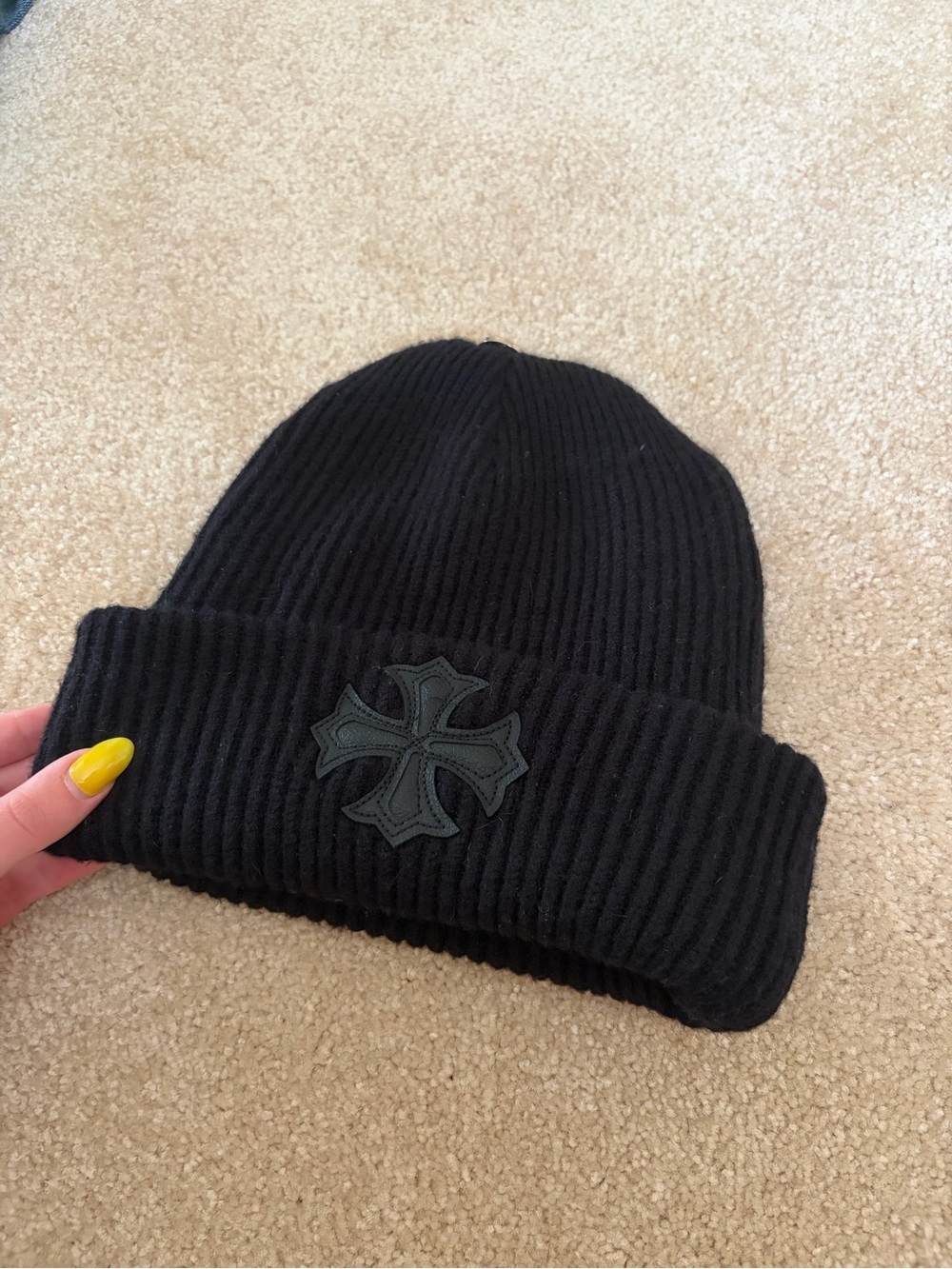 Black Ribbed Knit Beanie with Cross Patch